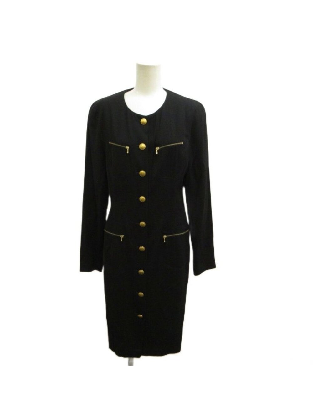 Gucci Collarless Dress Gold Button Zip Up Long Sleeve Wool Black Knee 40